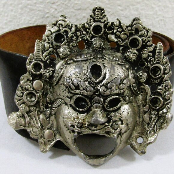 José Cotel Other - 1980 José Cotel Signed Paris France Large Aztec Mask Buckle Wide Leather Belt